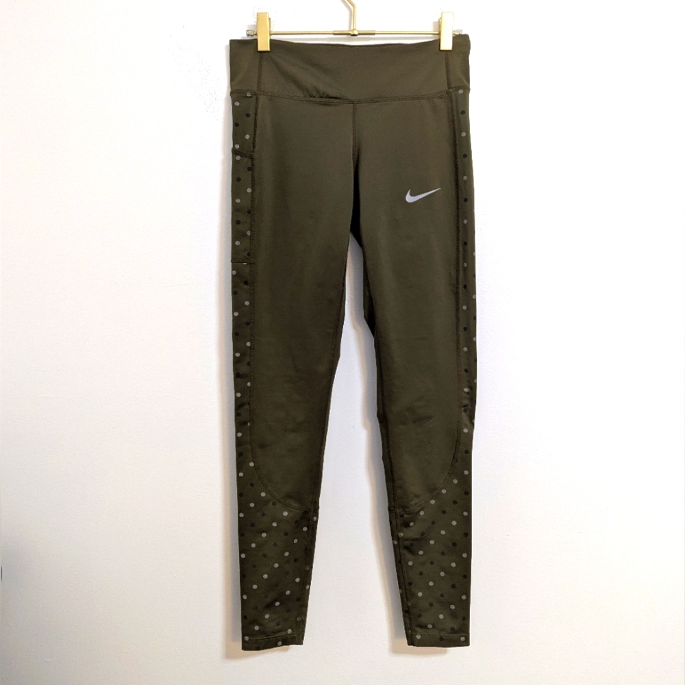 Nike‎ Dri-Fit Small Olive Green Polka Dot Leggings w/ Back Zipper Pocket